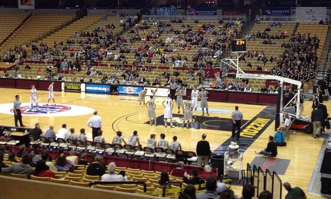 Helias begins the second half of the Missouri Class 4 high school third-place game on Saturday, March 22, 2014, at Mizzou Arena in Columbia. The Crusaders held on in overtime to down Farmington 60-53.