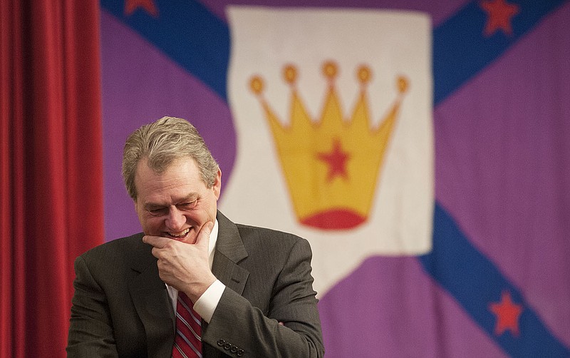 Joe Link, guest of honor at the 109th Kingdom Supper, laughs during a conversation before the beginning of the Kingdom Supper program Tuesday inside Dulany Auditorium. Link, a native Callawegian, was recognized during the annual event for his work in photojournalism. He spoke about his passion for photography, describing it as timeless, and how the craft has benefitted his life. 