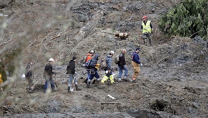 Searchers walk into the scene of a deadly mudslide that covers the road Wednesday, in Oso, Wash. Sixteen bodies have been recovered, but authorities believe at least 24 people were killed. And scores of others are still unaccounted for, although many of those names were believed to be duplicates or people who escaped safely.