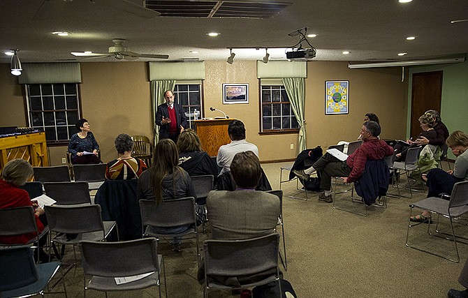 Dan Viets, a Columbia-based criminal defense lawyer and chairman of the Show-Me Cannabis Regulation Board of Directors, speaks about marijuana reform Thursday evening during a public forum held at the Unitarian Universalist Fellowship of Jefferson City. 