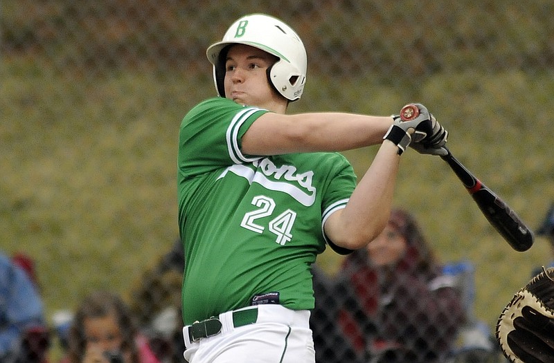 Dalton Fifer of Blair Oaks takes a cut as the Falcons bat in the bottom of the fifth inning during Friday afternoon's game against Eldon in Wardsville.