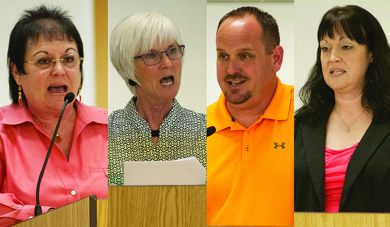 New Bloomfield School Board candidates (from left to right) Gracia Backer, Debbie Cuno, Craig Abbott and Megan Haas answer questions during a forum Tuesday.