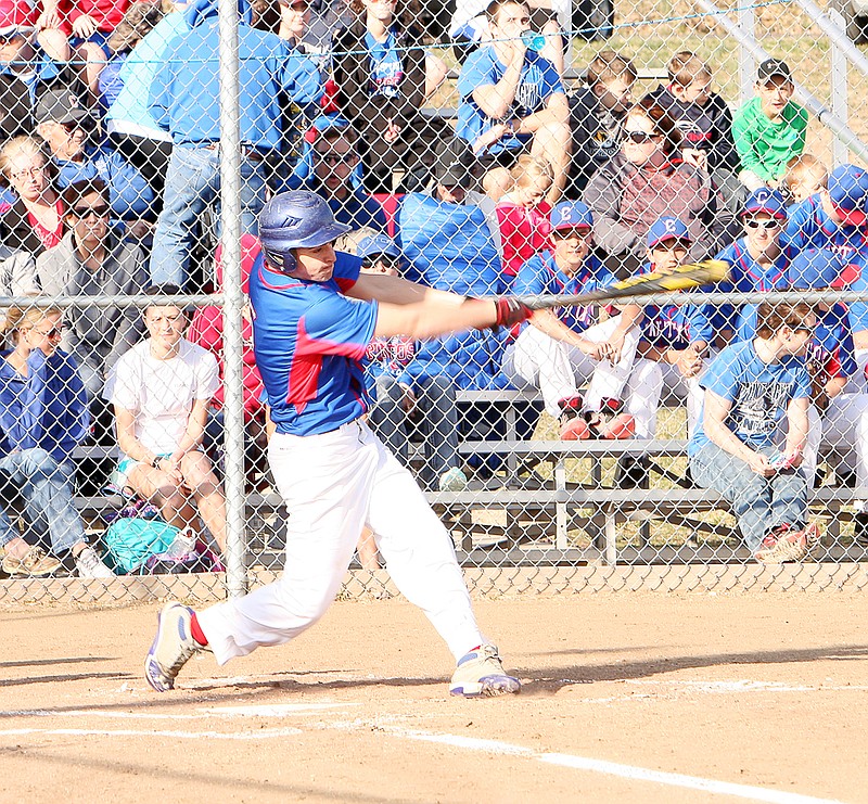 California's Landon Mouse rips a double in the fourth inning of the varsity game Monday night at the California Sports Complex. Mouse was ultimately driven home via a double by Zach Holliday to put the Pintos on top 1-0. California went on to defeat Russellville 2-1. 
