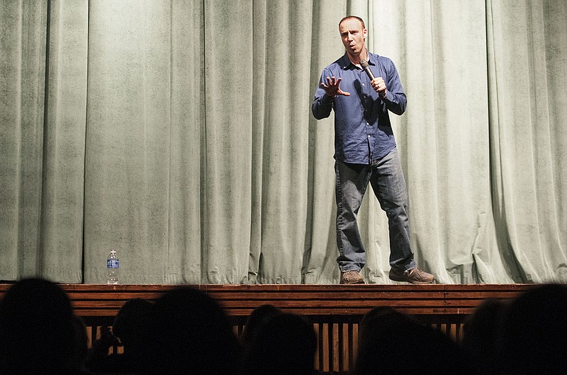 Inspirational speaker Judson Laipply gives William Woods University students life lessons during a discussion Wednesday inside Cutlip Auditorium. Laipply dove into three lessons and his philosophy, "life is change." He his the creator of "The Evolution of Dance," which has accumulated more than 256 million views on YouTube.