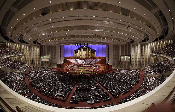 The afternoon session of the two-day Mormon church conference begins Saturday, April 5, 2014, in Salt Lake City. More than 100,000 Latter-day Saints are expected in Salt Lake City this weekend for the church's biannual general conference.