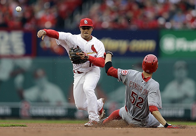 The Reds' Tony Cingrani is out at second as Cardinals second baseman Kolten Wong turns the double play during the third inning Monday in St. Louis. The Reds' Brandon Phillips was out at first.