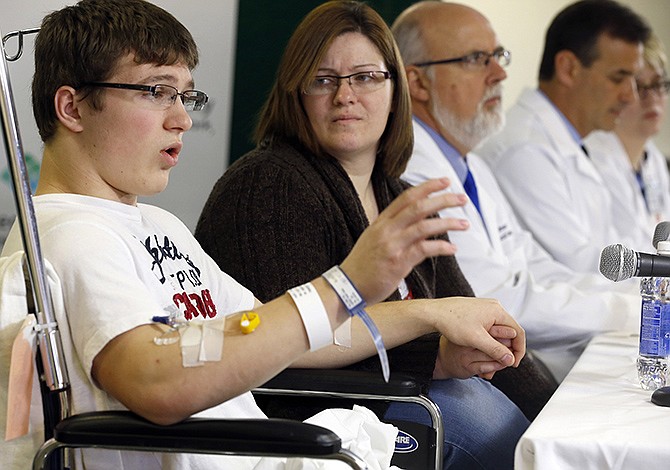 Brett Hurt, 16, a sophomore at Franklin Regional High School in Murrysville, Pa., and a victim in the stabbings that took place on April 9 at his high school, talks about the attack during a news conference at Forbes Regional Hospital.