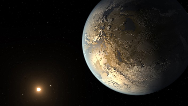 This artist's rendering provided by NASA on Thursday, April 17, 2014 shows an Earth-sized planet dubbed Kepler-186f orbiting a star 500 light-years from Earth. Astronomers say the planet may hold water on its surface and is the best candidate yet of a habitable planet in the ongoing search for an Earth twin. 