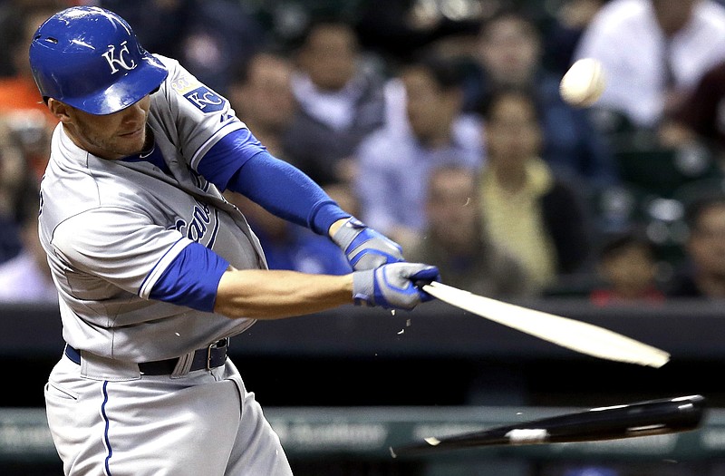 Danny Valencia of the Royals breaks his bat as he pops out during the sixth inning of Wednesday night's game against the Astros in Houston.