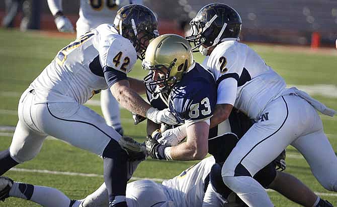 Helias tight end Hale Hentges (83) is shown here in the 2013 season's Class 4 semifinal game against Liberty North at Adkins Stadium in Jefferson City.