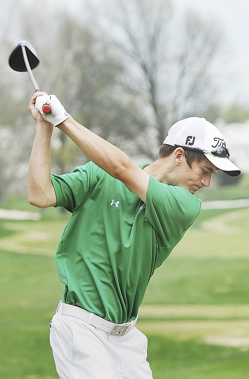 Blair Oaks' Tanner Elder tees off on the 11th hole during Monday's Helias Invitational at Meadow Lake Acres Country Club in New Bloomfield.