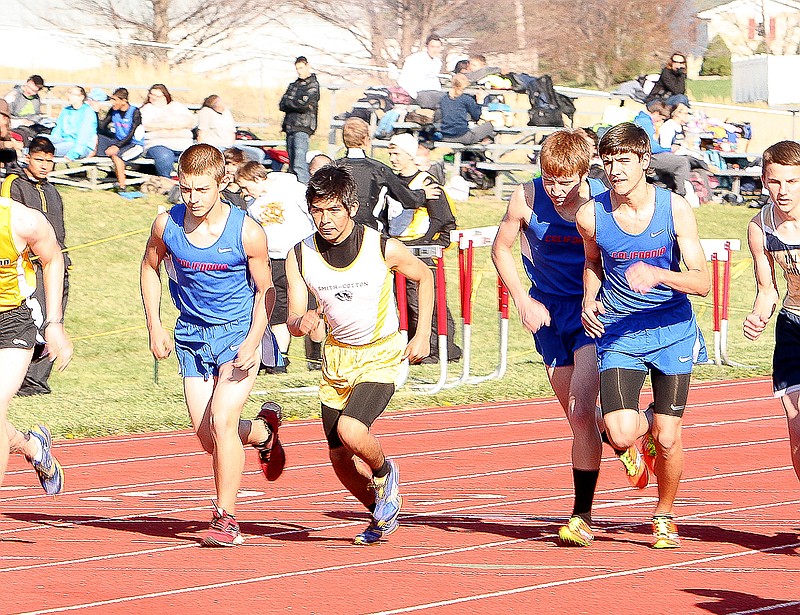 Competing for the Pintos in the 1600 Meter event at the California High School Open Track Meet April 15, from left (in blue), are Micaiah Garcia, Simon Schroeter and Mason Albertson.
