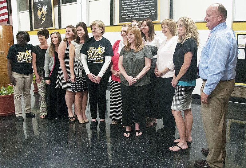 Recipients of the Fulton Public Schools Foundation grants stand for a photo Wednesday during the End of the Year Gathering at Fulton High School. The foundation gave more than $5,000 worth of grants to educators in the three elementary schools and the middle school.
