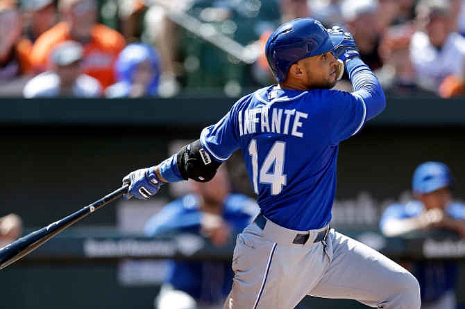 Kansas City Royals' Omar Infante watches his two-run home run in the seventh inning of a baseball game against the Baltimore Orioles, Sunday, April 27, 2014, in Baltimore. Royals' Norichika Aoki also scored on the play. Kansas City won 9-3.