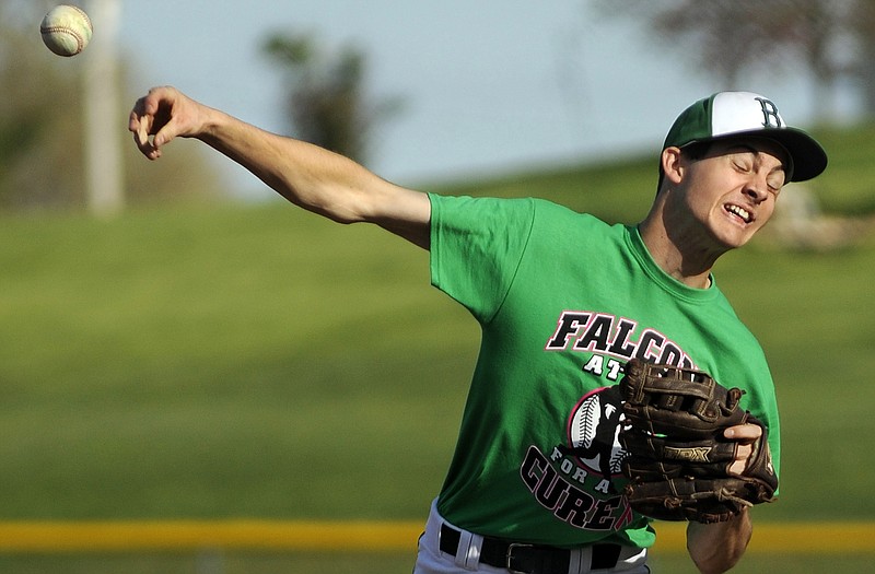 Blair Oaks' Bryce Pritchett releases a pitch during Monday's game with Hallsville at the Falcon Athletic Complex in Wardsville.