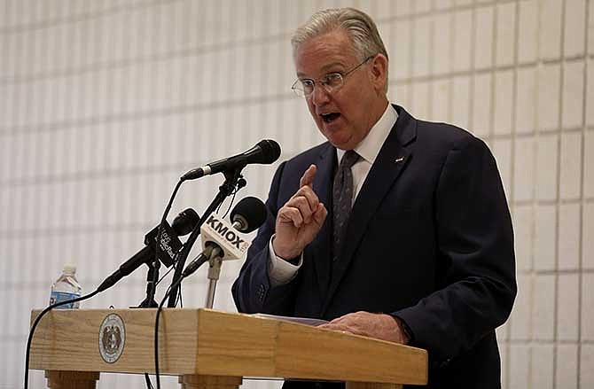 Missouri Democratic Gov. Jay Nixon speaks during an event at Gateway Hubert Wheeler School Thursday, May 1, 2014, in St. Louis. During the event, Nixon signaled his veto of legislation that would cut income taxes for more than 2 million Missourians and thousands of business owners, citing concerns about its potential hit on school funding. The Republican-led Legislature has vowed to try to override his veto.