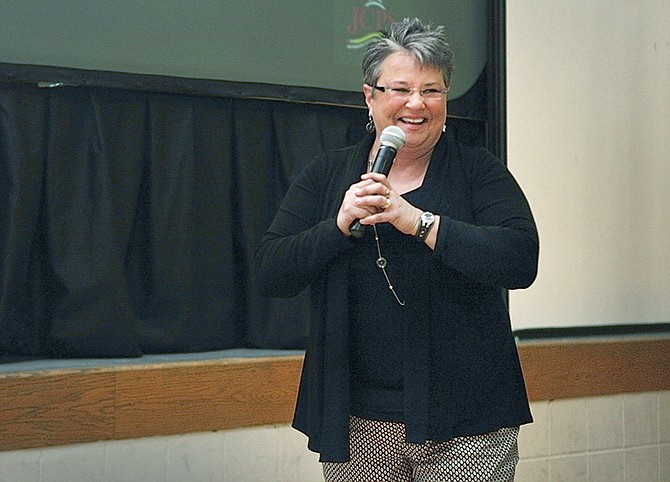 Beth Dampf, music teacher at Jefferson City High School, reacts after she was named Teacher of the Year at the Jefferson City Public Schools 2014 Teacher Appreciation Banquet.
 