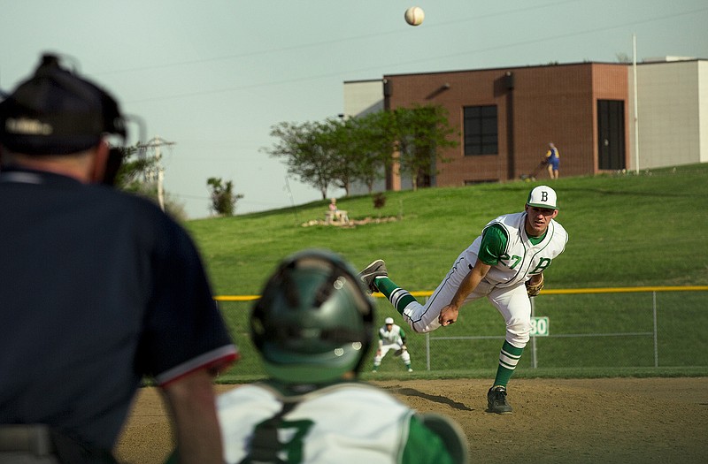Blair Oaks pitcher Logan Gratz throws to the plate during Tuesday's game against Battle in Wardsville.