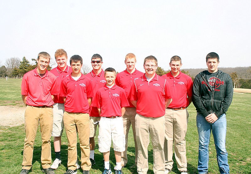 The California Pintos participated in the Class 2 District 4 Golf Tournament Monday at Redfield Country Club, Eugene, where freshman Dylan Kramel finished 22nd to advance to Class 2 Sectionals. Members of the Pinto golf teams, front row, from left, are Tyler Elliott, Kramel, Luke Freeman, and John Wolken; back row, Kade McAdams, Cole George, Kale McAdams, Dustin Ferguson, and team manager Damon Shaw. 
