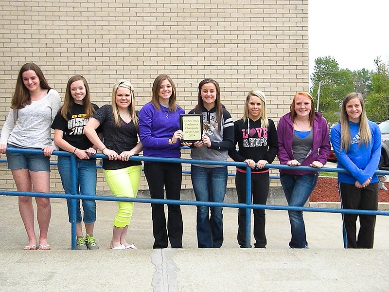 The Jamestown Lady Eagles won the championship in the varsity girls' division at the CCAA Conference Track Meet. From left are Allison Hawley, Maggie McNay, Stephanie Birkmann, Robyn Eschenbrenner, Mickayla Strother, Lexi Muri, Darian Wolfe and Mackenzie Strother. 
