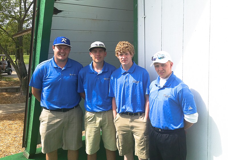 The Russellville Indians participated in the Class 1 District 2 Golf Tournament Monday at the Oaks Golf Club at Tan-Tar-A, Osage Beach, where Coy Bond, Devin Koestner and Cody Willingham each qualified individually to advance to Class 1 Sectionals Monday, May 12, at the Golf Club at Deer Chase, Linn Creek. From left are Russellville Golf Coach Zane Garr, Bond, Willingham and Koestner. 
Russellville finished team competition in fourth place with 437. Bond and Koestner also earned All-District honors with their top 15 finishes.
