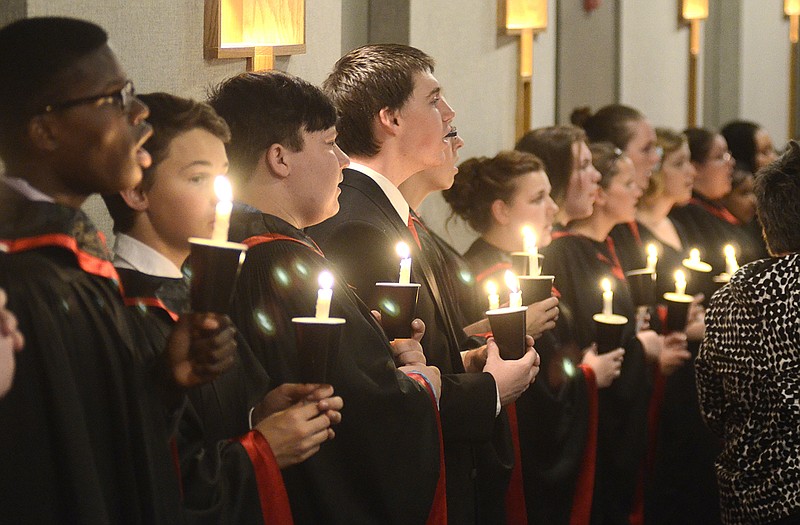 The Jefferson City High School Choir sings "Alma Mater" during the processional at Sunday's baccalaureate service at the Miller Performing Arts Center.