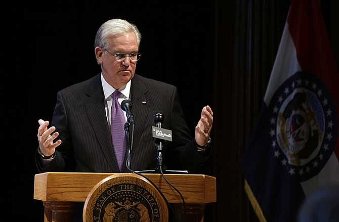 Missouri Gov. Jay Nixon speaks during a news conference in his office following the end of the legislative session Friday, May 16, 2014, in Jefferson City, Mo.