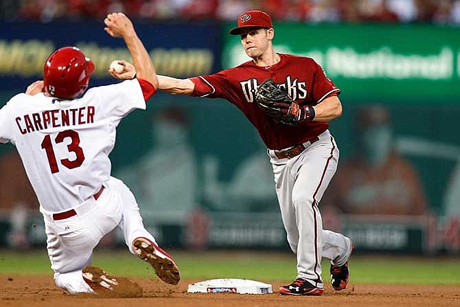 Arizona Diamondbacks shortstop Chris Owings, right, throws to first base for a double play after making an out against St. Louis Cardinals' Matt Carpenter during the third inning of a baseball game Wednesday, May 21, 2014, in St. Louis. Kolten Wong was out at first.