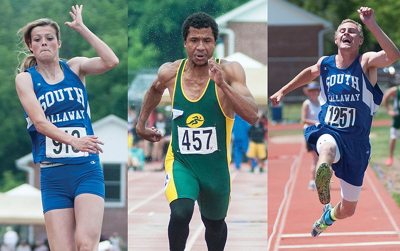 South Callaway's Hannah Oberdiek (left) and Garner Rudroff (right) took first place in long jump, and MSD's Nick Jones placed first in the 100-meter dash Saturday at the Missouri High School Athletic Association state track and field championships.