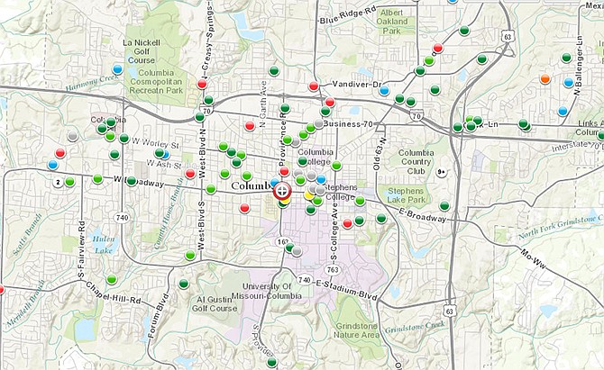 Above is a screenshot of a Columbia, Mo., map on raidsonline.com, which shows various crimes investigated from May 11 to May 24, 2014. The Cole County Sheriff's Department will soon add its data into the crime tracking website. 