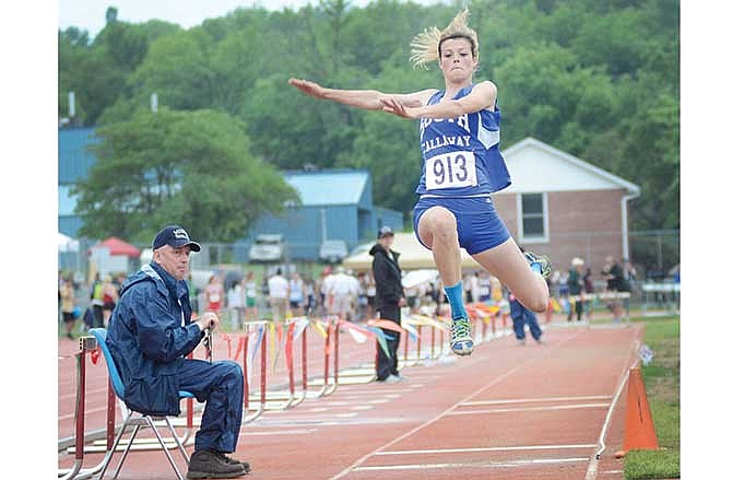 South Callaway junior Hannah Oberdiek jumps into the pit during the Class 2 girls long jump Saturday at Dwight T. Reed Stadium in Jefferson City.