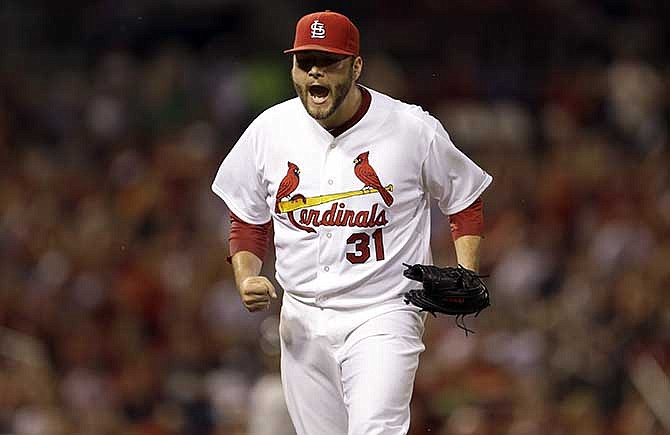 St. Louis Cardinals starting pitcher Lance Lynn celebrates after getting New York Yankees' Yangervis Solarte to ground into a double play, ending the top of the fourth inning of a baseball game Tuesday, May 27, 2014, in St. Louis.