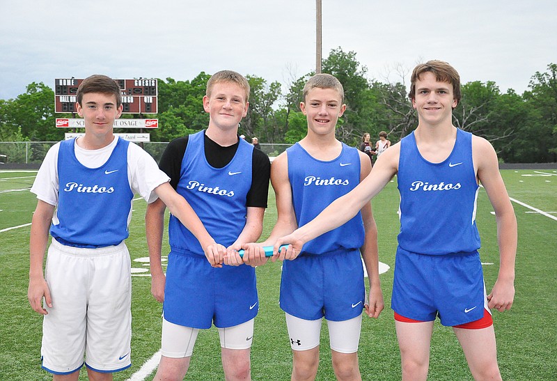 From left, the California Middle School seventh grade boys' team of Isaac Ash, Nathan Pickering, Alex Meisenheimer and Colden Imhoff placed first in the 4x400 Meter Relay at the conference track meet May 12 at Osage with 4:17.24.
