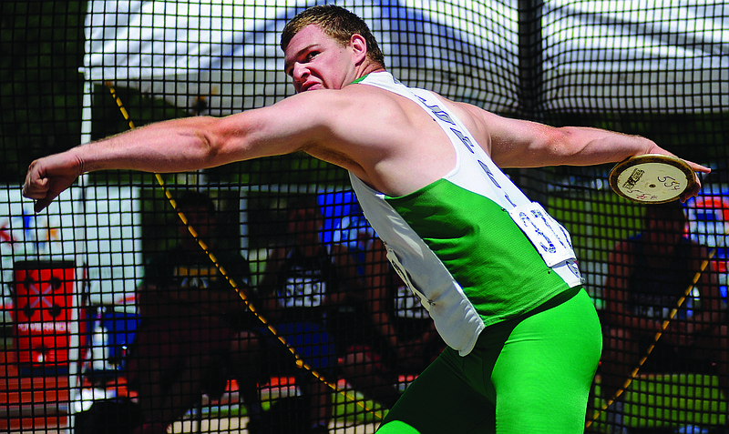 Blair Oaks' John Karsten spins into his second throw of the finals during the Class 3 discus competition in the MSHSAA Track and Field Championships on Friday at Dwight T. Reed Stadium.