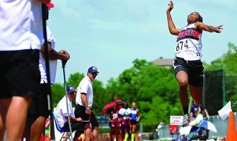 Jefferson City's Kezia Martin leaps on one of her attempts Friday in the Class 4 girls triple jump competition during the MSHSAA Track and Field Championships at Dwight T. Reed Stadium.