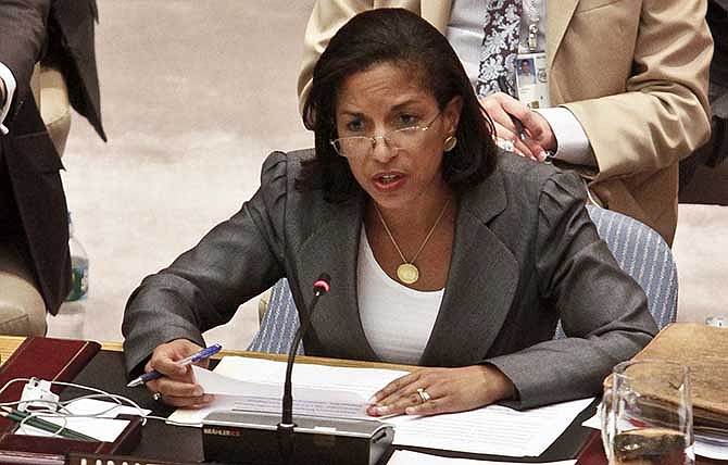 This Aug. 30, 2012 file photo shows then-United States Ambassador Susan Rice speaking at the United Nations. Once seemingly destined to become secretary of state, Rice now holds a lower profile job at the White House, juggling one global crises after another for President Barack Obama and trying to insure that his broad list of foreign policy priorities doesn't fall by the wayside in the widening storm of problems overseas. 