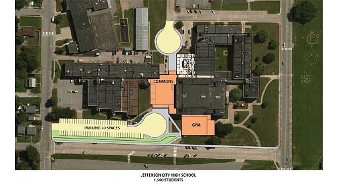 As envisioned by architects, updating the existing Jefferson City High School to accommodate 1,500 students would cost about $40 million. This architectural rendering shows a new commons area connecting the existing high school (right) with Nichols Career Center. It also shows a new gymnasium and additional parking.