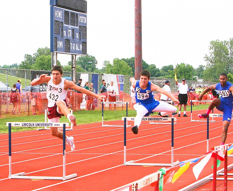 California junior Dylan Norton (394) competes in the 300 Meter Hurdles event at the state track championships for Classes 3-4 Friday at Dwight T. Reed Stadium, Jefferson City. 
