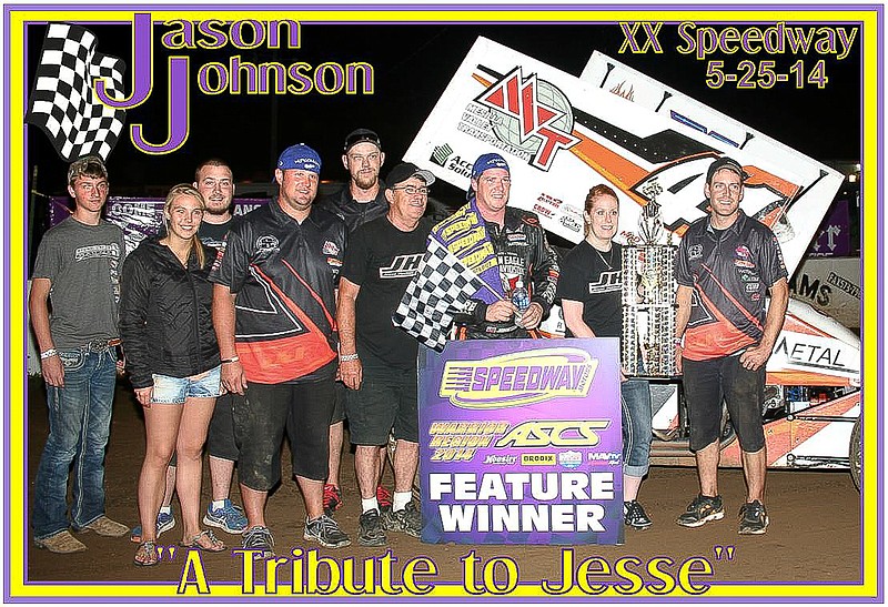 Jason Johnson, Rocky Mount, celebrates his 360 Winged Sprint victory with members of his team May 25 at the Double-X Speedway, California. Johnson won the annual 'Tribute to Jesse'Â and is shown with Jesse's father Jack and Double-X Trophy Girl Dedra Stowe.
