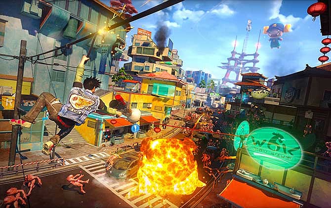 This photo provided by Sony shows a scene from the video game, "Sunset Overdrive." The recent success of "Watch Dogs" and "Titanfall" is paving the way for several new video games that don't contain numbers in their titles to be hyped at next week's Electronic Entertainment Expo, the gaming industry's annual trade show held on June 10-12, 2014, in Los Angeles. With anticipation mounting for original games like "Destiny," "The Order: 1886" and "Sunset Overdrive," have game makers finally discovered the cure for sequelitis?