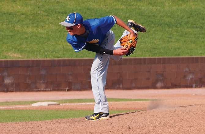 Alex Dickneite of Fatima works to the plate during his relief stint Tuesday against Springfield Catholic in O'Fallon.