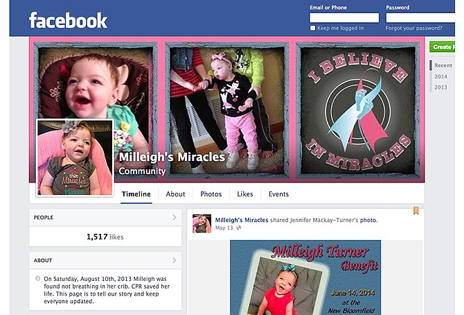 Shown above is a screenshot of the top of a Facebook page to benefit Milleigh Turner, who suffered seizures after being resuscitated from sudden infant death syndrome. 