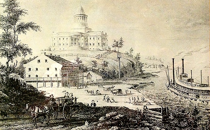 An 1840s illustration from Harper's Weekly shows steamboat traffic at Jefferson City's wharf with the Lohman Building as the hub of activity.