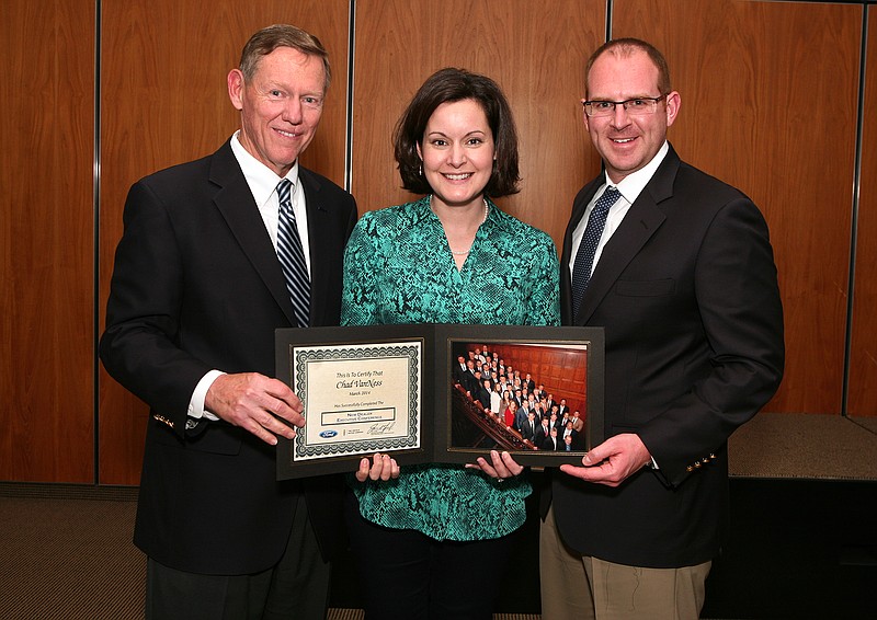 Christina and Chad VanNess receive "congratulations" from Alan Mulally, president and CEO of Ford Motor Company. Chad and Christina VanNess of Fulton Ford recently took part in a seminar for dealers in Dearborn, Michigan.