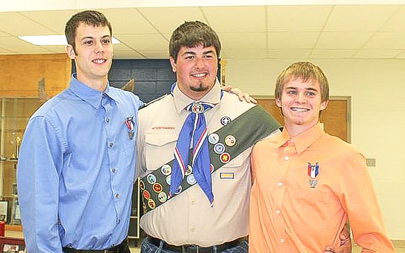 New Eagle Scout Alexx Lewis, center, with his two older Eagle Scout brothers, Aaron Lewis, left, and Travers Hopkins, right, at Alexx's Eagle Scout ceremony. The event was at the California High School commons May 17.