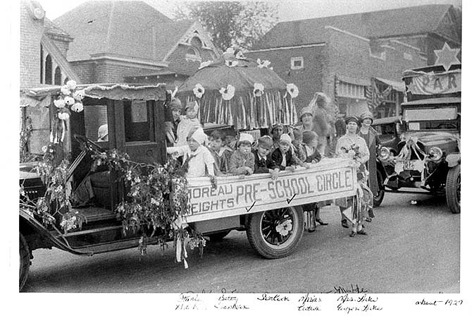 The Moreau Heights preschool circle participated in a 1927 parade. Among them, noted by check marks, are Central Bank owner, Sam Cook, and the late Mrs. William H. Weldon, long-time publisher of the News Tribune.
This photo is an example of what the public is invited to share at three scanning events this upcoming week, to be included in a pictorial history book project in celebration of the newspaper's 150th anniversary in 2015.