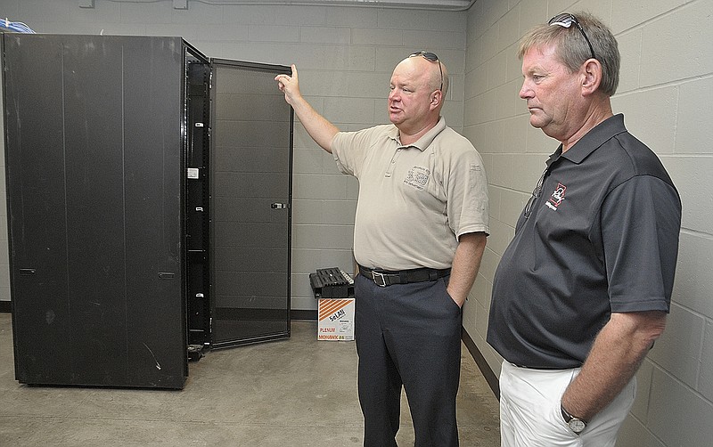 After an update from the Jefferson City Police and Fire departments, Interim Fire Chief Jason Turner took members of the Public Safety Committee, including councilman Jim Ward, at right, Tuesday on a tour of Jefferson City's newest fire station on Rock Hill Road.