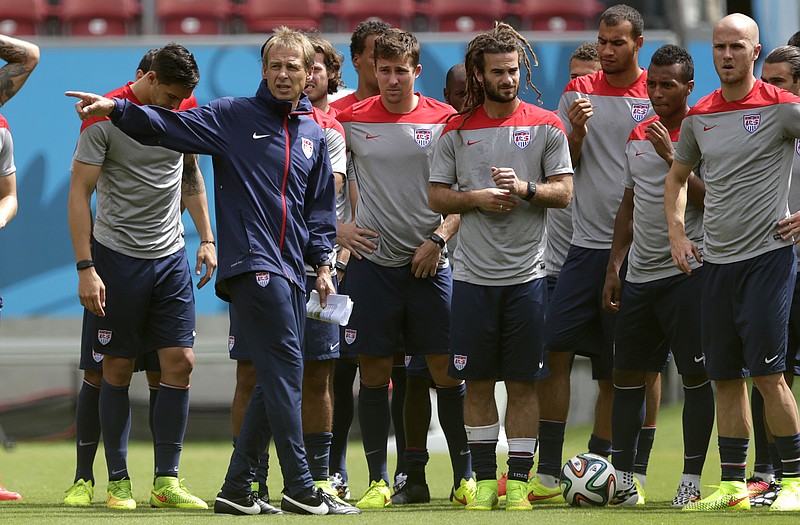 United States head coach Jurgen Klinsmann instructs his players during a training session Wednesday in Recife, Brazil.
