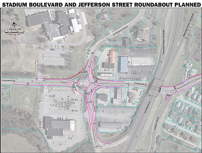 This aerial map shows plans for a roundabout and additional lanes at the intersection of Stadium Boulevard and Jefferson Street.