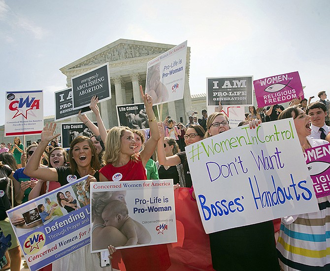 Demonstrators react outside the Supreme Court in Washington after hearing the court's decision on the Hobby Lobby case. The next difficult question likely to be resolved by the court: how much distance from an immoral act is enough? Religious-oriented nonprofit groups already could opt out of covering the contraceptives.